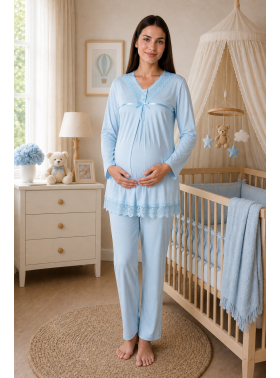 Effortt 4032 MAVİ Dantelli Lohusa Pijama Takım